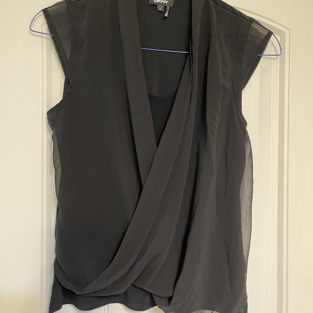 DKNY black, micro sleeve, sheer Cowl neck top - M